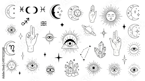 Mystic Celestial Boho Vector Set with Moon Sun Eyes Hands Crystals Constellations Zodiac Symbols and Spiritual Line Art Icons