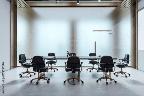 Modern empty corporate meeting room interior featuring sleek chairs and a large table within a contemporary office workspace illuminated by soft light.. 3D Rendering