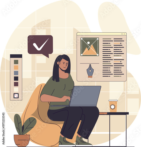 Woman working remotely with a successful project completion notification