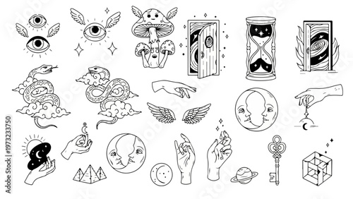 Mystical Surreal Vector Set with Celestial Eyes, Moon Face, Snakes, Magic Hands, Portal Door, Wings and Esoteric Line Art Symbols