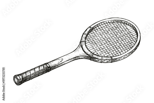 Photos Vintage Tennis Racket Hand Drawn Sketch Illustration.