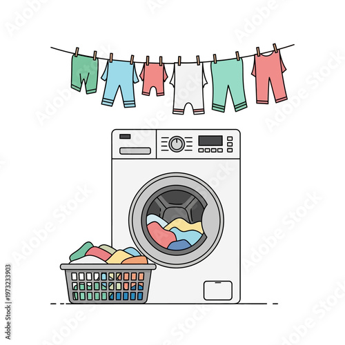 Washing Machine with Clothesline and Laundry Basket - Flat Design