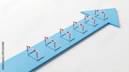 Overcoming obstacles on a path to success with hurdles on a blue arrow pointing upwards symbolizing challenges and progress in business and personal growth