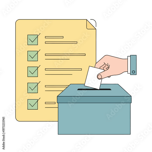 Hand casting vote in ballot box, checklist paper background - Election, voting concept