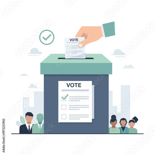 Hand casting vote into ballot box with diverse people and city skyline background