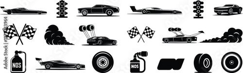 Silhouette drag racing car icons set. race, speed, vehicle, tire, flag, competition vector illustration