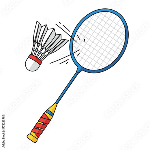 Badminton Racket Hitting Shuttlecock Action Shot, Sport Equipment