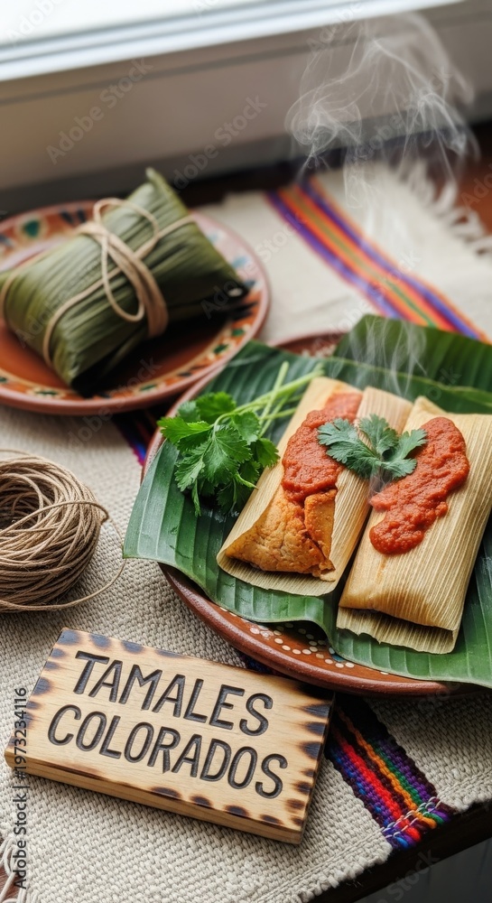 Fototapeta premium Two Unwrapped Tamales Colorados on Banana Leaf with Chicken and Red Recado on Huipil Mat with Palo de Hormigo Sign