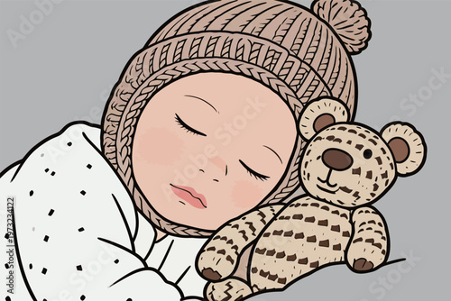 Sleeping Baby with Knitted Hat and Plush Toy