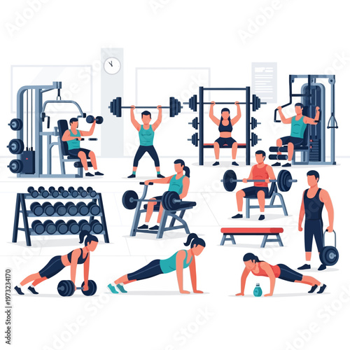 Diverse Group Exercising in Modern Gym with Weights and Machines