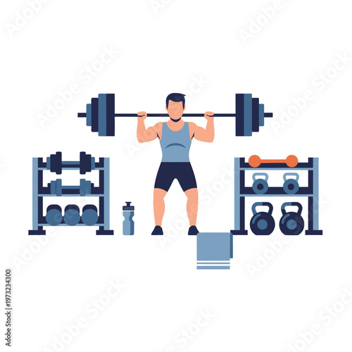 Man lifting barbell in gym with dumbbells, kettlebells, and water bottle