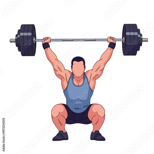 Man lifting barbell overhead in squat position, illustration, fitness and weightlifting concept
