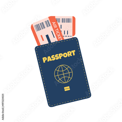 Passport with two enclosed airline tickets. Purchase of travel tickets. boarding pass. Official document certifying a person's identity, nationality. Blue cover with a globe. Flat vector illustration.