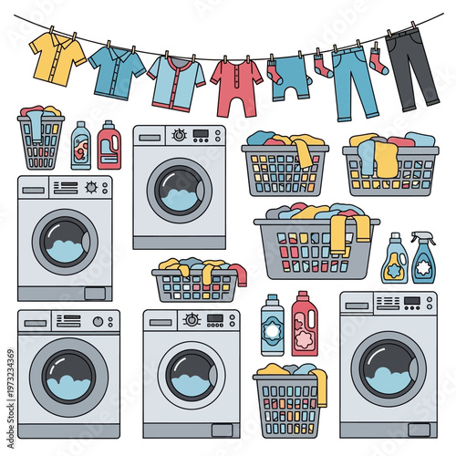 Laundry Day Icon Set: Washing Machines, Clothesline, Baskets, Detergents
