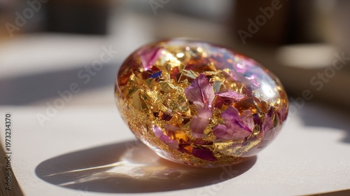 Transparent Resin Ornament with Suspended Gold Leaf and Pink Flower Petals