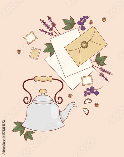 Snail Mail. Vintage Metal Teapot with Blackcurrant, Lavender, Craft Envelope Letter with Postage Stamps on Peach Background. Nostalgic Enamelware Kettle. Rustic Botanical Wall Art Vector Illustration.