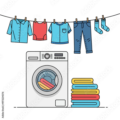 Laundry day: Washing machine, clothesline with clean clothes, and folded towels