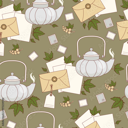 Seamless Pattern with Fine Porcelain Teapots and Vintage Letters with Stamps. White Currant Botanical Print on Olive Green Background. Craft Stationery and Snail Mail Aesthetic. Vector Illustration.