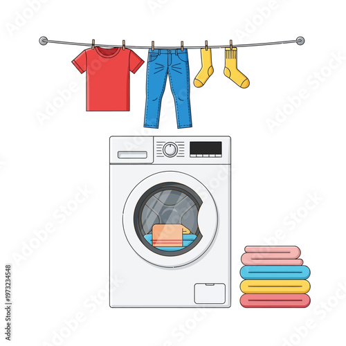 Laundry day: Washing machine, clothesline with t-shirt, jeans, socks, and folded towels