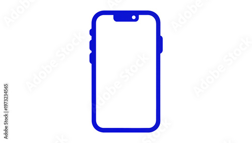 Isolated blue outline of a contemporary mobile phone with blank screen and side controls