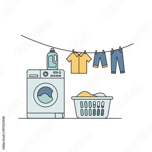 Laundry day: washing machine, clothesline, basket with clothes, detergent bottle
