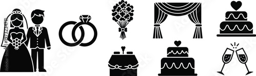 Wedding celebration icons. Bride and groom, interlocking wedding rings, a bouquet, a wedding arch, a cake, and champagne flutes. 