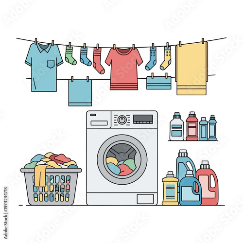 Laundry Day: Washing Machine, Clothesline, Basket, Detergents, Household Chores