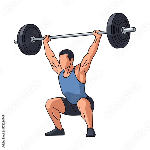 Man performing barbell overhead squat exercise, strength training and fitness illustration