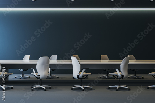 Modern empty corporate conference workspace with long tables and office chairs in minimal contemporary interior design setting. 3D Rendering