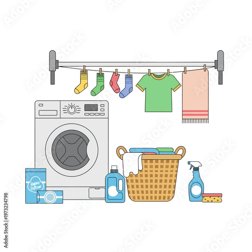 Laundry Room Scene: Washing Machine, Clothes Basket, Hanging Laundry, Detergent, Spray Cleaner