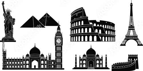 Global landmark silhouettes icons, including the Eiffel Tower, Colosseum, Statue of Liberty, Big Ben, Taj Mahal, Pyramids, and Great Wall of China. 