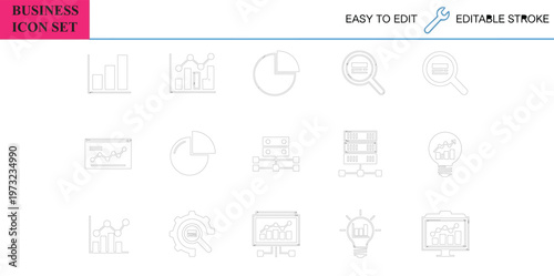 Business icon set featuring various charts graphs magnifying glass pie chart server computer light bulb data analysis flowchart computer screen and gear icons for presentations strategy analytics and 