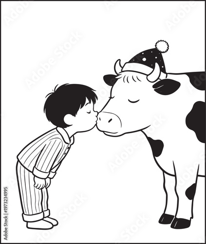 Cute boy enjoying with cow black line art vector illustration coloring page or book design for kids fun activities