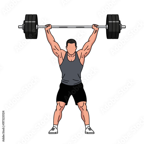 Muscular man lifting heavy barbell overhead in gym, strength training, fitness