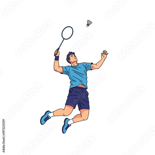 Man playing badminton, jumping to hit shuttlecock during match, athletic action shot