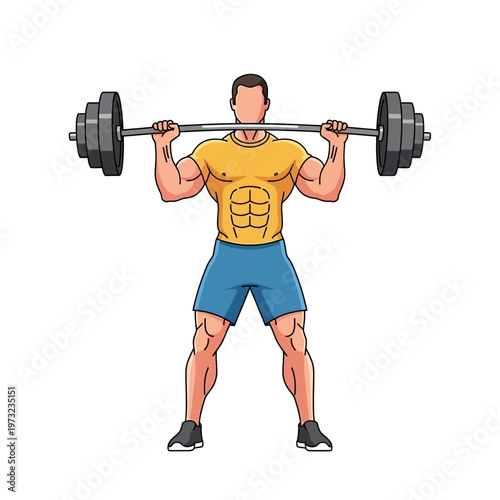 Muscular man lifting heavy barbell overhead, fitness and strength training concept