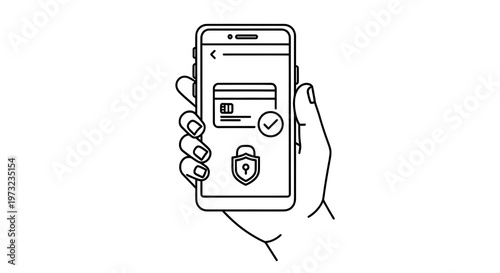 Hand holding a smartphone displaying a secure credit card payment confirmation icon on the screen for digital mobile commerce