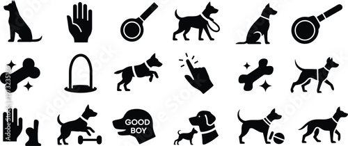 Silhouette dog training icons set. pet, obedience, bone, leash, command vector illustration