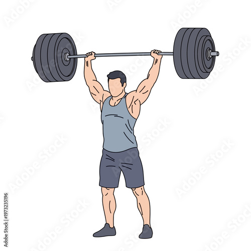 Muscular man lifting heavy barbell overhead, weightlifting, fitness, strength training, exercise, athletic build