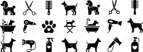 Silhouette dog grooming icons set. pet, care, scissors, bath, salon vector illustration