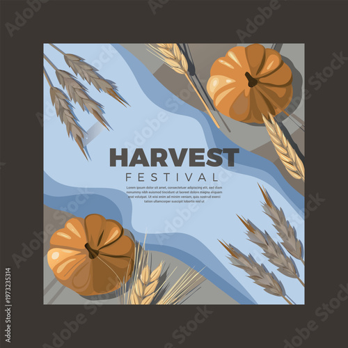 Harvest festival poster with pumpkins and wheat