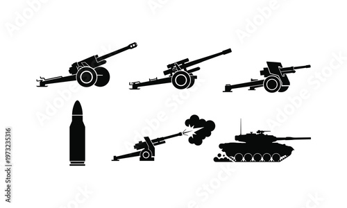 Artillery cannons, tank, bullet, and cannon fire vector silhouette illustration.