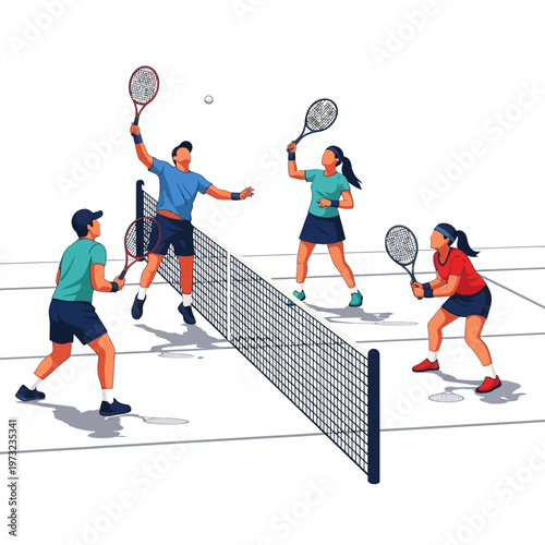 Mixed Doubles Tennis Match: Four Players Compete on Court