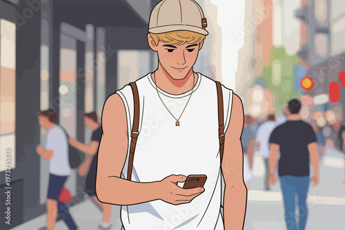 Young Man Using Mobile Phone in Urban Street