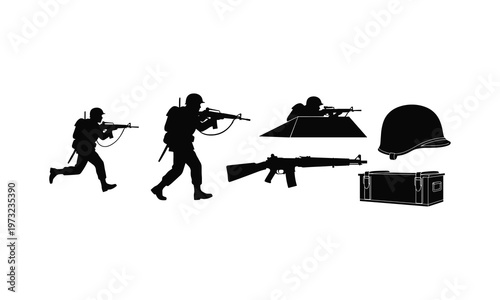 Infantry soldiers in action silhouette vector illustration with rifle helmet and crate.