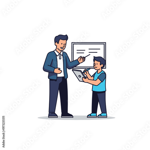 Teacher instructing student at whiteboard with tablet