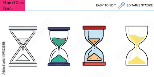 Hourglass icon set showing sand timer in different colors and styles for time management concept deadline and time passing illustration editable stroke.