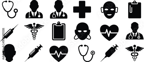 Silhouette medical icons set. doctor, health, hospital, stethoscope, care vector illustration