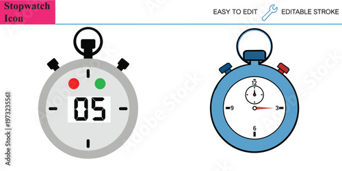 Stopwatch icon set with digital and analog stopwatch for timing measurement race event and sports activity illustration editable stroke easy to edit.