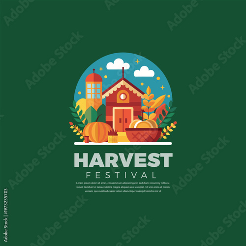 Harvest festival logo with barn and pumpkins